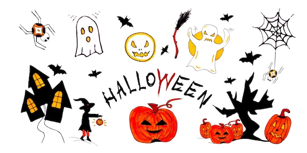 Halloween-elementen instellen gekleurde doodle pictogrammen vakantie benodigdheden vector hand getekende illustratie