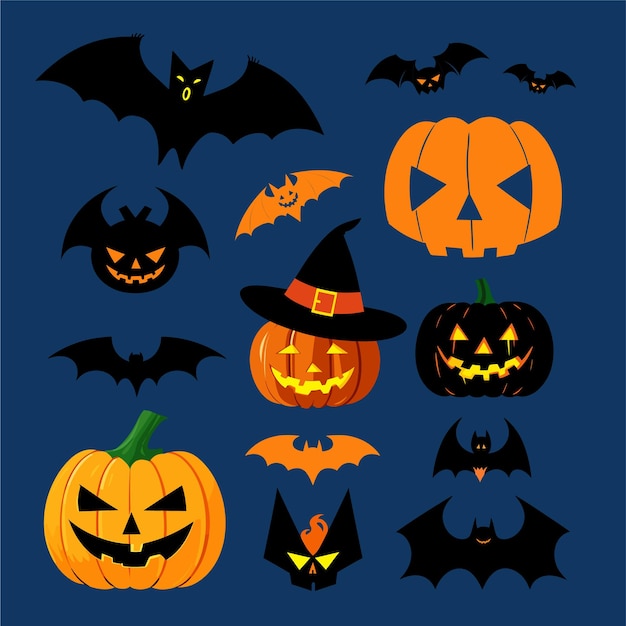 Halloween elements collection bats and pumpkins vector illustration