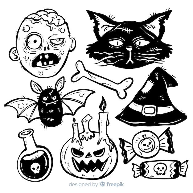 Stile disegnato della raccolta degli elementi di halloween a disposizione