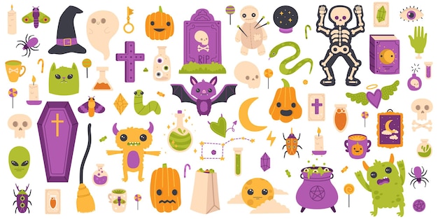 Vector halloween elements. hand drawn halloween pumpkin, gravestone, ghost and bat isolated vector symbols set. spooky halloween decoration icons. pumpkin and halloween scary autumn elements illustration