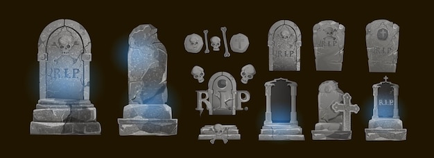 Halloween Elements and Objects for Design Projects. tombstones for Halloween. Ancient RIP. Grave on a dark background