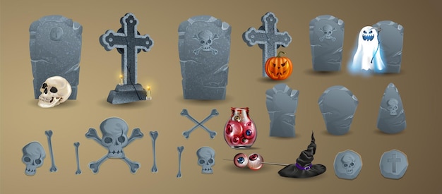 Vector halloween elements and objects for design projects. tombstones for halloween. a set of tombstones. a collection of old tombs. ancient rip. grave on a white background