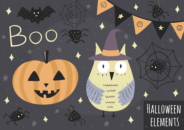 Elementi di halloween - gufo nel cappello, zucca, ragni e altri