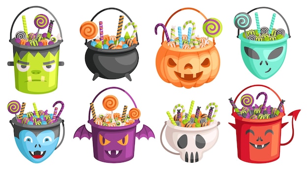 Halloween emmers trick or treat zakken pompoen emmer met snoepjes en snoep jacht pack cartoon vector illustratie set