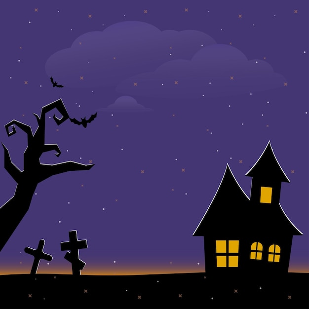 Halloween enge kerkhof achtergrond met bomen kruisen en vleermuizen Halloween silhouet van een grafsteen Gedrukte etiketten en decoraties voor kantoor ambachten sjabloon Vector