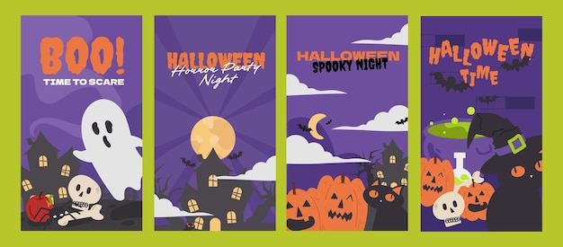 halloween enge spookpompoen magische sociale media verhaalgroeten in vlakke afbeelding