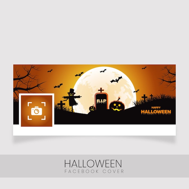 Halloween evening design Facebook cover with at night moon pumpkins and bats flying