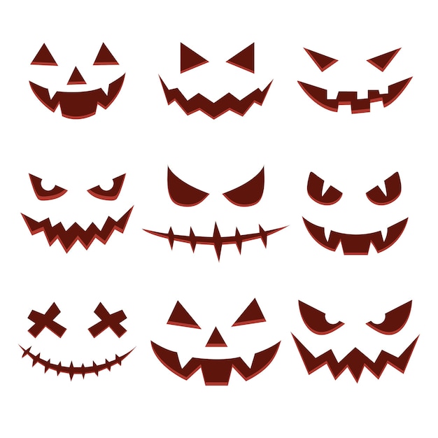 Collezione faccia di halloween sorriso di zucca su sfondo bianco. festa di halloween. illustrazione vettoriale.