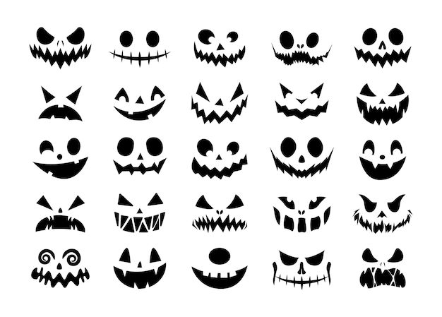 Vector halloween face icon set spooky pumpkin smile on white background design for the holiday halloween