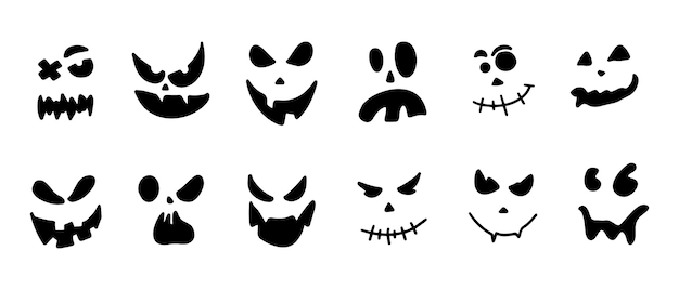 Halloween face silhouette sticker Scary halloween pumpkins icon set Scary and funny pumpkin or Halloween ghost faces Vector illustration