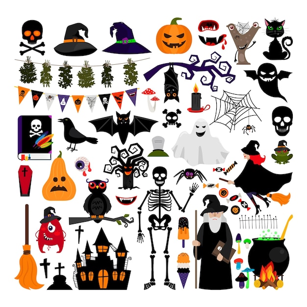 Плоские значки моды Хэллоуина, изолированные на белом фоне. Векторные символы Хэллоуина. Тыква и черная кошка, призрак и ведьма