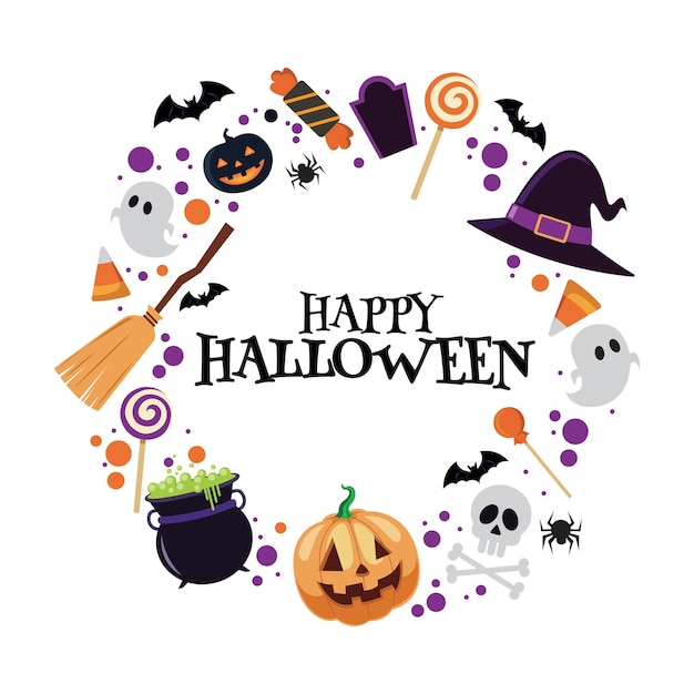 Halloween feest banner ontwerp met snoep maïs vleermuis pompoen vector illustratie