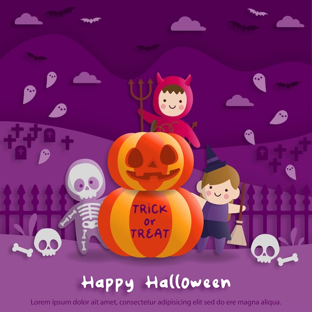 Halloween-feest in papieren kunststijl met kinderen die duivel, geest, heks, kostuum dragen. wenskaart en posters. vector illustratie.