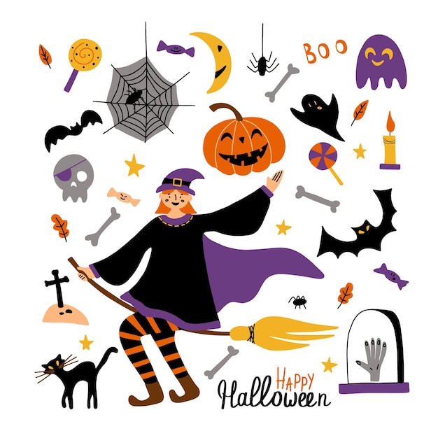 Halloween-feest instellen Vectorillustratie geïsoleerd op een witte achtergrond met Halloween-items
