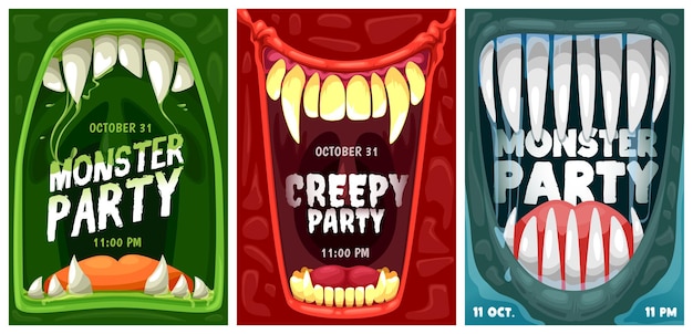 Halloween-feest vector uitnodiging posters met cartoon monster monden en tanden. Trick or treat horrorglimlachen van vampier, zombie en buitenaardse demon framerand met spookachtige hoektanden, tongen en groen slijm