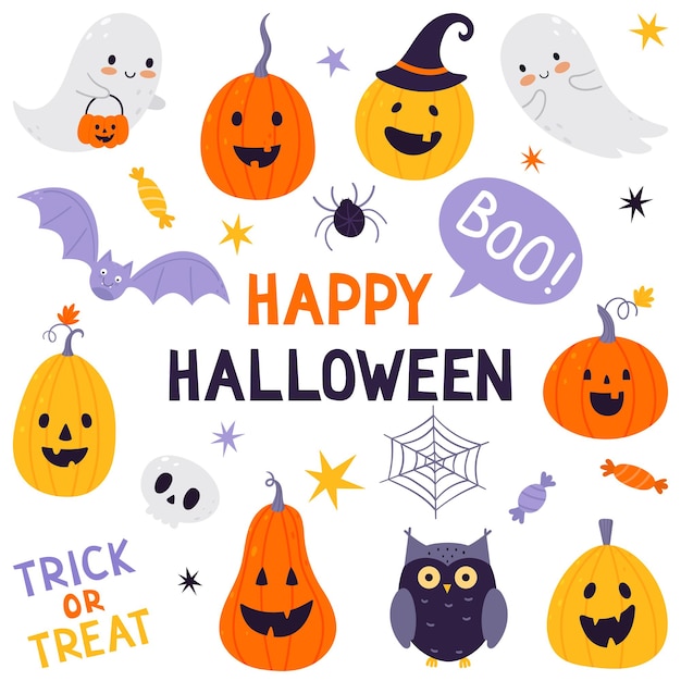 Halloween feestelijke set. Handgetekende set van traditionele symbolen. Collectie met pompoenen, spook, uil, schedel, vleermuis en snoep.