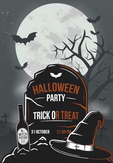 Halloween-feestposter Tombstone met flessenheksenhoed en vleermuizen