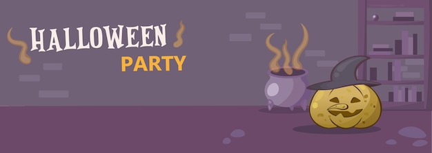 Halloween-feestuitnodiging met halloween-pompoen als een heks met magische ketel