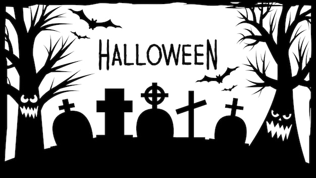 Halloween-feestuitnodigingen of wenskaartenbanner met traditionele Halloween-symbolen. Flyer met plaats voor tekstvoorbeeld met textuur in een eenvoudig grungeframe. Vectorillustratie in zwart-wit.