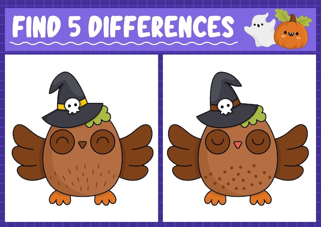 Halloween find differences game for children Attention skills activity with cute owl Puzzle for kids with funny character Printable what is different worksheet