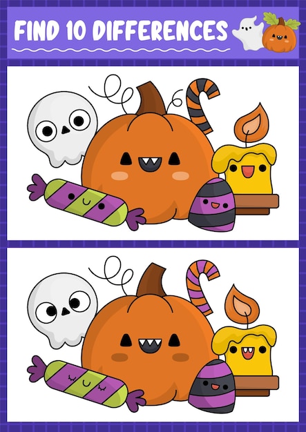 Halloween find differences game for children Attention skills activity with cute pumpkin sweets skull and candle Puzzle for kids with funny characters Printable what is different worksheet