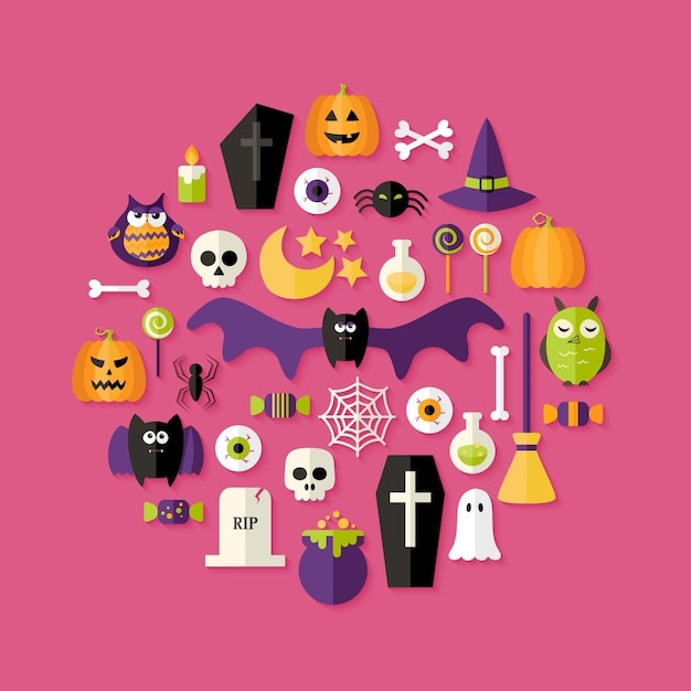 Vettore icone piane di halloween messe sopra il colore rosa. illustrazione vettoriale