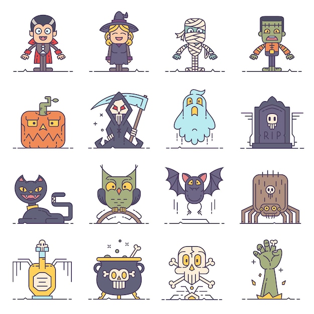 Vector halloween flat line cartoon characters and icons set