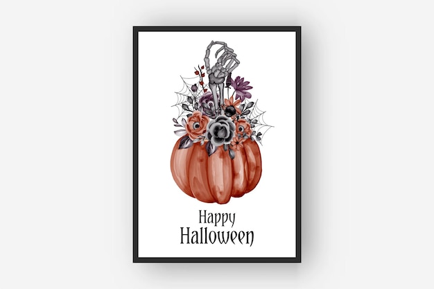 Halloween flower arrangements pumpkin and bones watercolor illustration