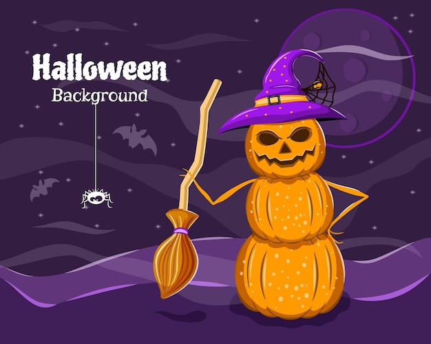 Halloween flyer pumpkin snowman with a broom in a night happy halloween vector illustration