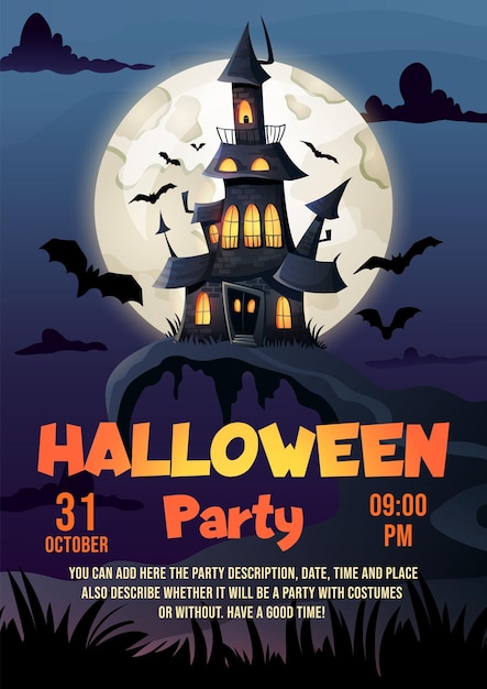 Halloween flyer template haunted house dark castle and full moon flyer mockup for halloween party