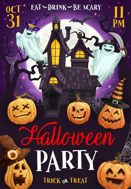 Vector halloween flyer with pumpkin ghost and castle