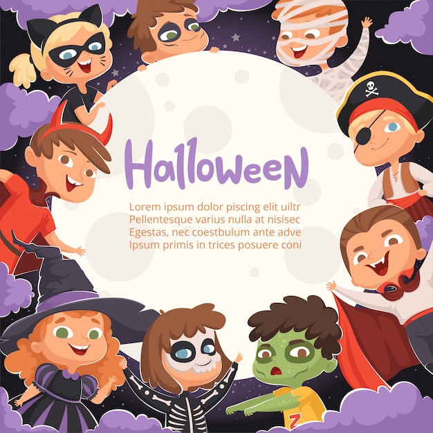 Halloween frame. Cartoon scary background with kids in halloween costumes happy party invitation 