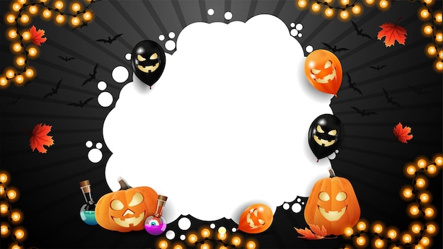 Cornice di halloween con zucca, boccetta di pozione, palloncini e ghirlanda di luce