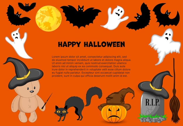 Cornice di halloween per il tuo testo con attributi tradizionali illustrazione vettoriale in stile cartone animato