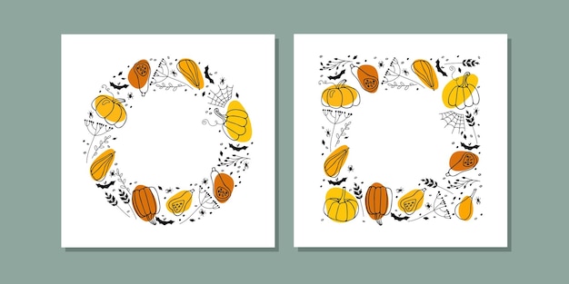 Vettore cornici di halloween. bordi rotondi e quadrati con zucche arancioni, piante secche nere, pipistrello, ragno