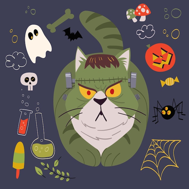 ハロウィーン パーティーのハロウィーン フランケンシュタインのかわいい猫のイラスト