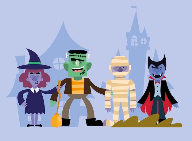 Halloween frankenstein heksenmummie en vampier cartoons ontwerp, eng thema