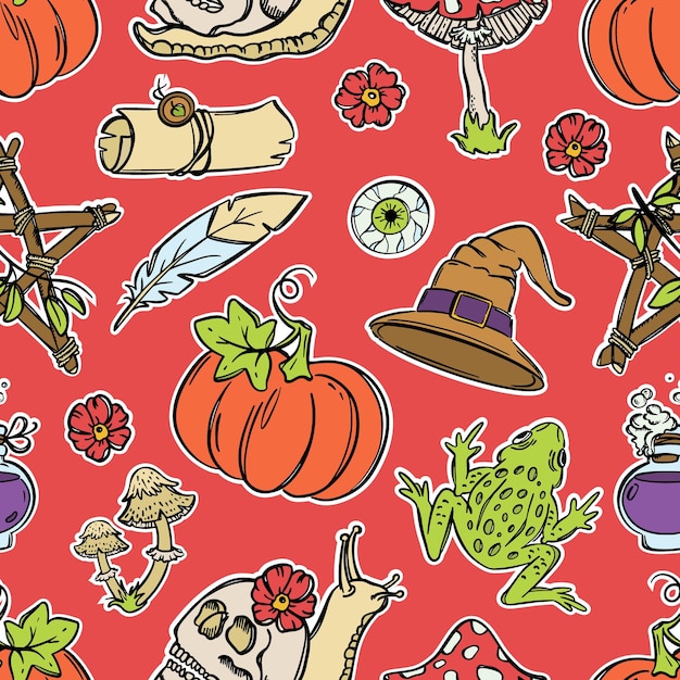 HALLOWEEN FROG Pumpkin Flat Design Contour Seamless Pattern