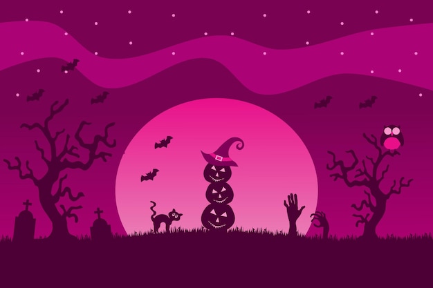 Vettore sfondo notturno di luna piena di halloween con il gufo e i pipistrelli del gatto della lapide della zucca dello spaventapasseri