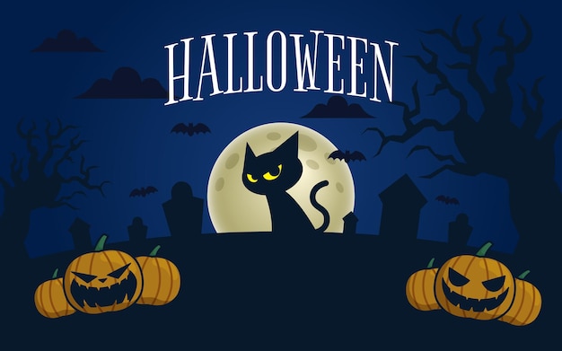 Gatto nero spettrale dello sfondo della luna piena di halloween