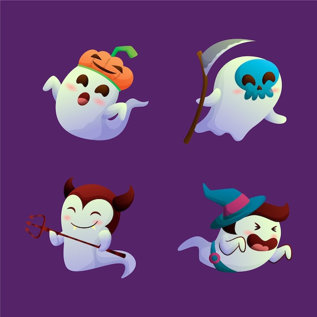 Vector halloween funny cute ghost with costume cartoon gradient collection