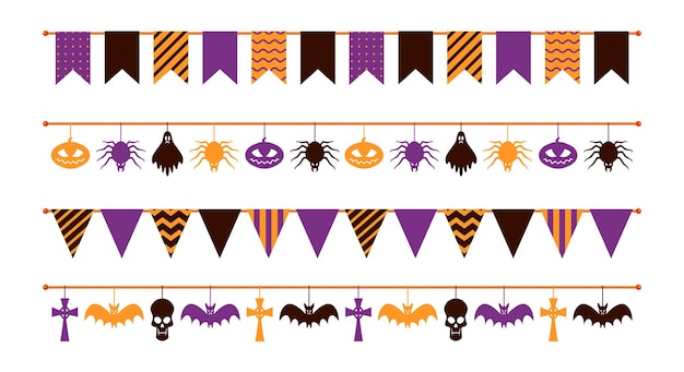 Halloween garland Colorful flat flags different forms paper pumpkin and spider ghost and skull hanging Orange purple and black colors party decoration spooky festival decor vector isolated set