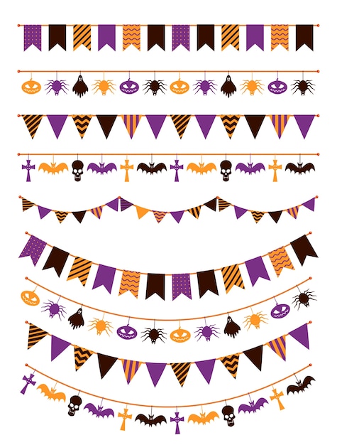 Halloween garland. Festive buntings with pumpkins, spiders and skull for greeting cards invitations, colorful flags   decoration rope sign scary  set