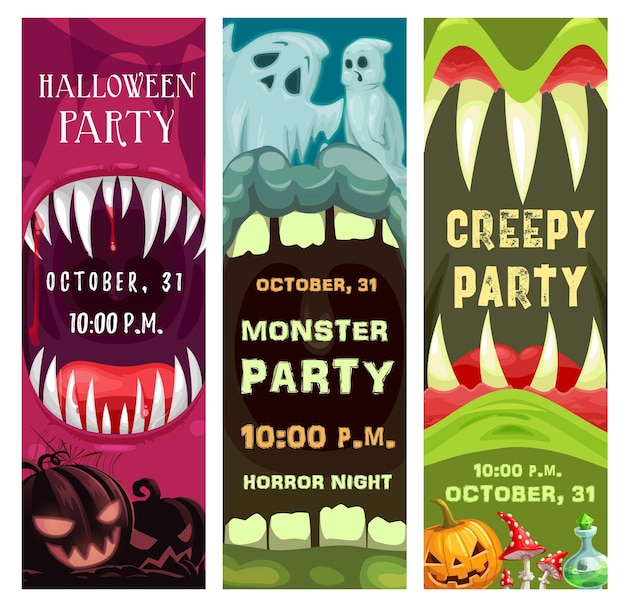 Halloween-gekostumeerde feestposters met monsters die getande muiltjes openden. Pompoen hefboom o lantaarn, griezelige spoken en toverdrank cartoon vector. Promotiebanner of flyer voor Halloween-feestfeest