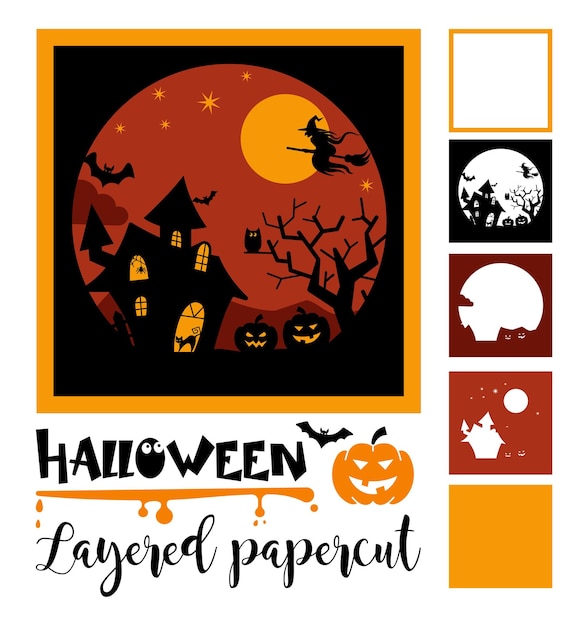 Vector halloween gelaagde papercut kaart met een maan spookhuis pompoenen en een vliegende heks