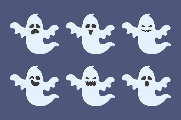 Collezione di personaggi fantasma di halloween con espressioni. illustrazione vettoriale