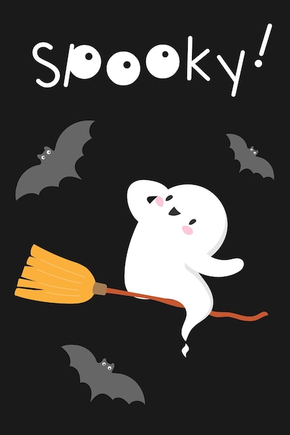 Vector halloween ghost flying on broomstick spooky spirit poster halloween card with cute kawaii spirit