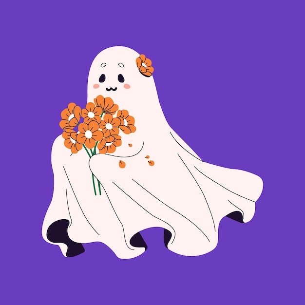 Fantasma di halloween tenere bouquet spook carino con fiori d'arancio spirito amichevole con mazzolino fantasma divertente con decorazioni floreali volanti decorazione festa helloween illustrazione vettoriale isolata piatta