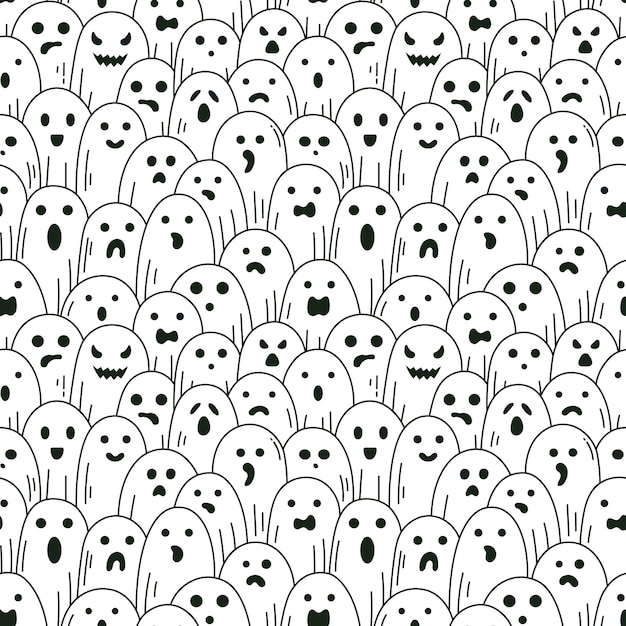 Halloween ghost pattern. Spooky halloween linear ghosts, scary phantom with frightening faces vector background illustration. Ghost seamless pattern. Phantom ghost scary, spooky spirit haunted ghoul