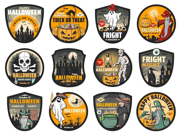 Halloween ghost pumpkin witch and skull badges